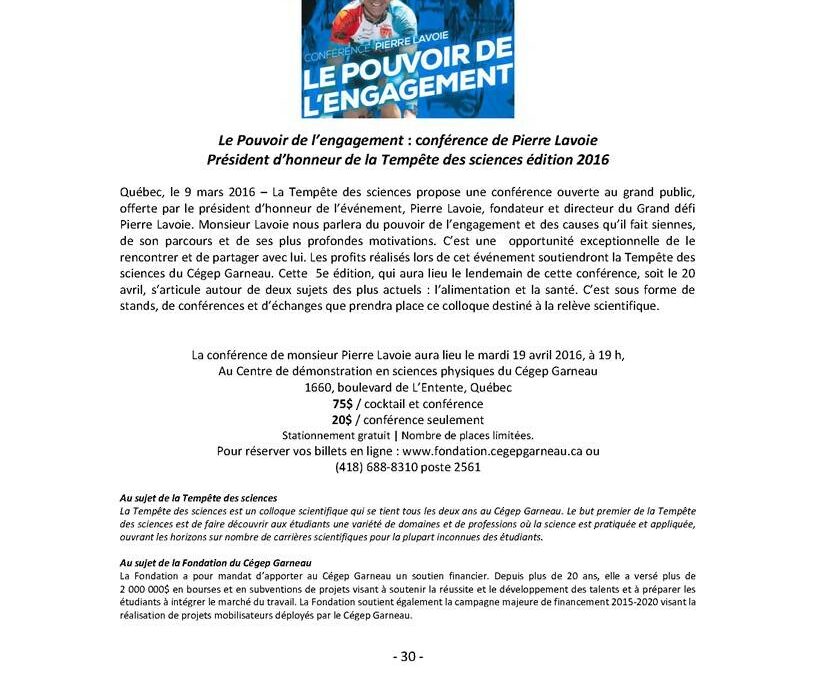 Fondation du Cégep Garneau – Conférence Pierre Lavoie