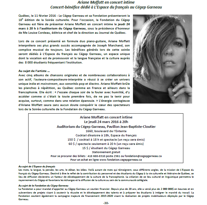 Ariane Moffatt en concert intime – Concert-bénéfice au profit de L’Espace du français au Cégep Garneau